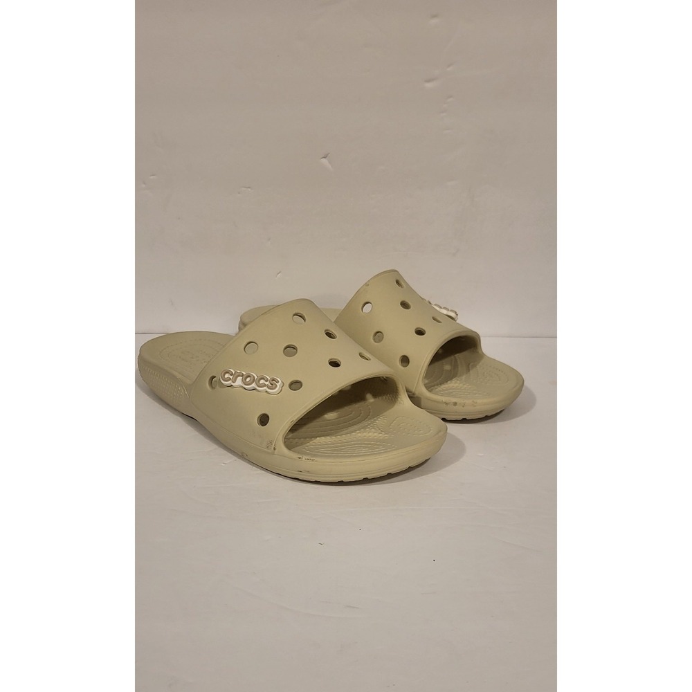 Crocs Unisex Classic Slide Sandals, ‎ Cream 7 Men 9 Women.